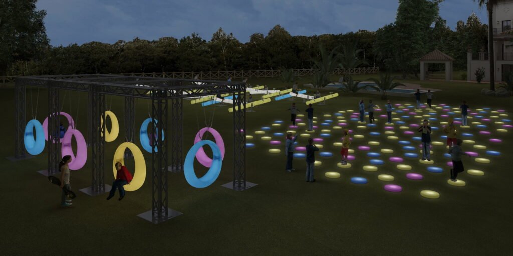 The Captivating Trio of Attractions to Transforming Events Project - Truss-Mounted LED Swing, And Paired with Interactive LED Seesaw and Mesmerizing LED Floor Tiles