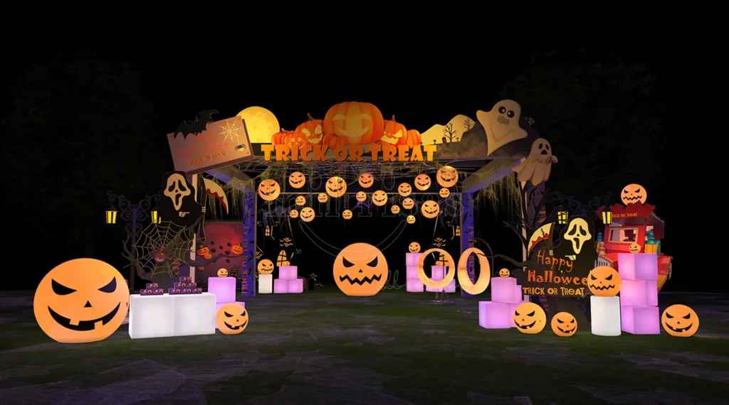 Creative Halloween Party Decorations with Pumpkins, Glowing Lights, And LED Cubes