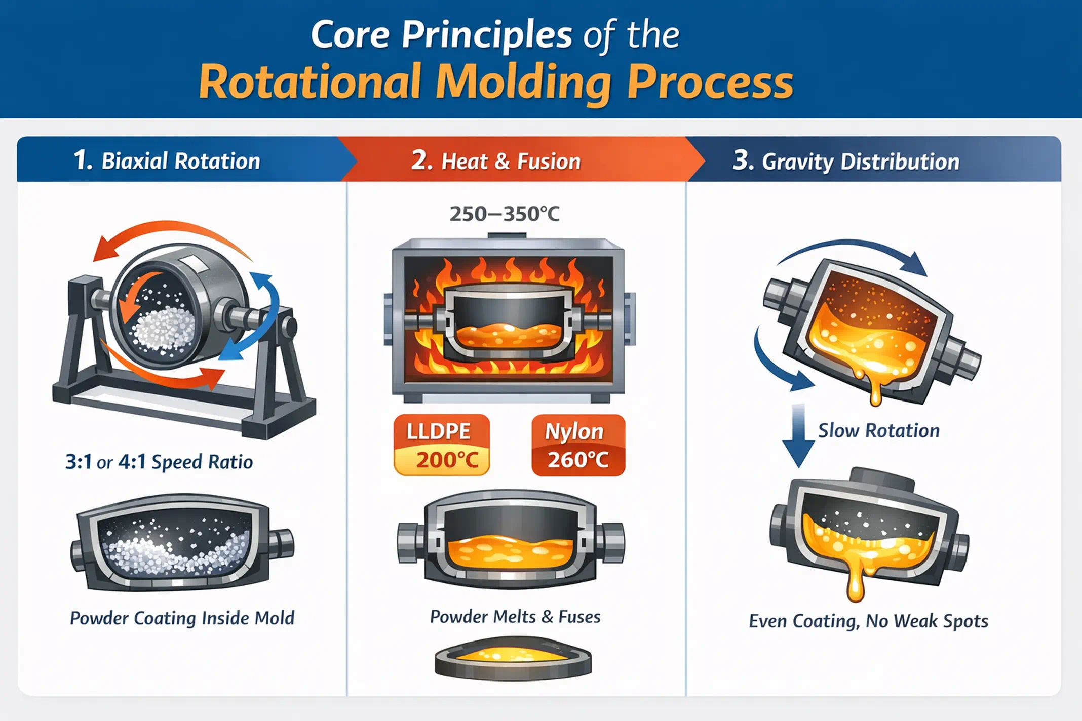 Core Principles of Rotational Molding Biaxial Rotation, Heat Fusion, and Gravity Distribution