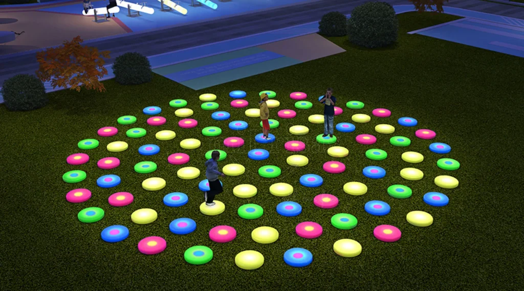 Children Playing on Colorful LED Interactive Floor Tiles in an Outdoor Setting