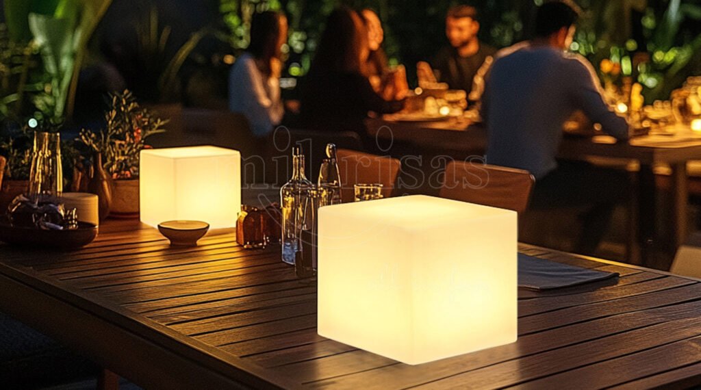 Add a Contemporary Glow to Your Outdoor Dining with Hanging Cube Light