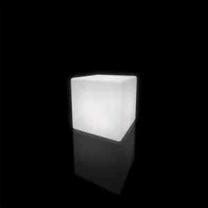 A glowing white light-up cube seat emitting a bright illumination, ideal for modern event seating and lounge decoration.