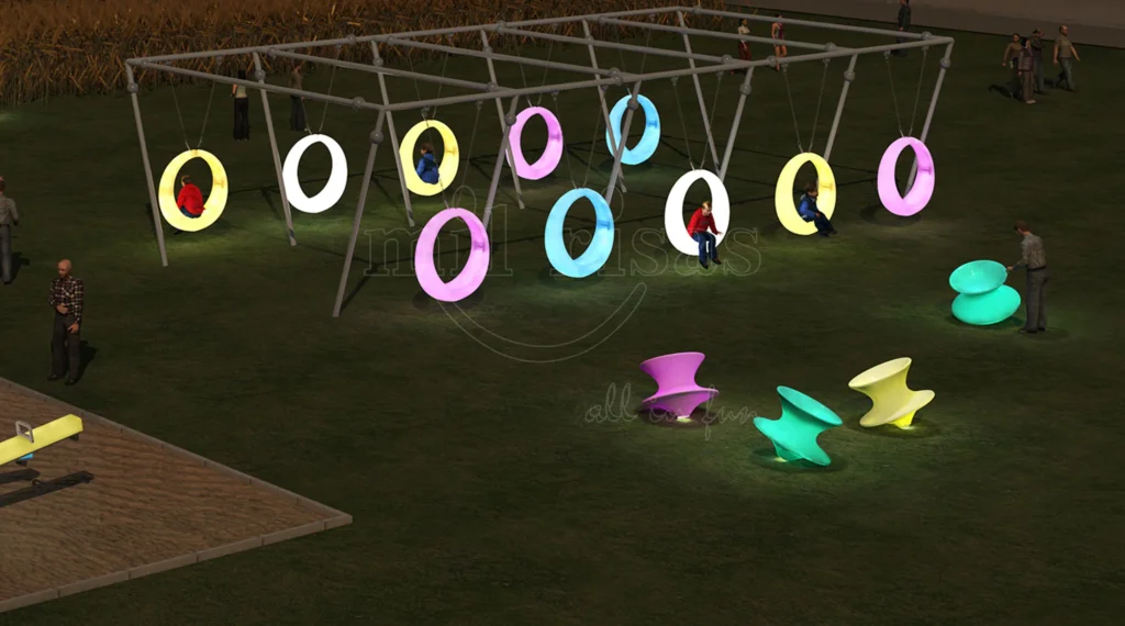 Colorful LED Glowing Spun Chairs and Swings Set in an Outdoor Farm Playground