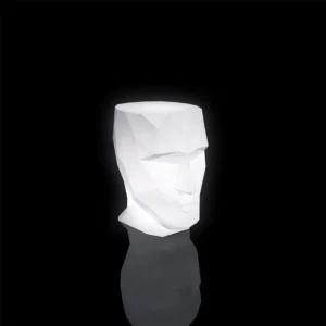 Large Adan stool with a modern geometric face design, glowing with white LED light against a black background.