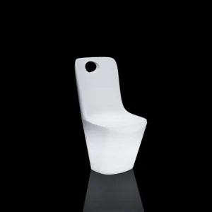 White glowing LED light up dining chair with an elegant curved backrest and a built-in handle hole, isolated on a black background for modern event furniture display.