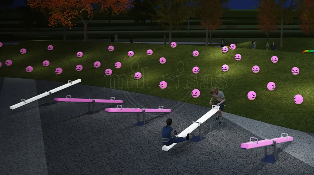 LED Glow Adult Seesaws in a Halloween-Themed Outdoor Park With Interactive Play Atmosphere