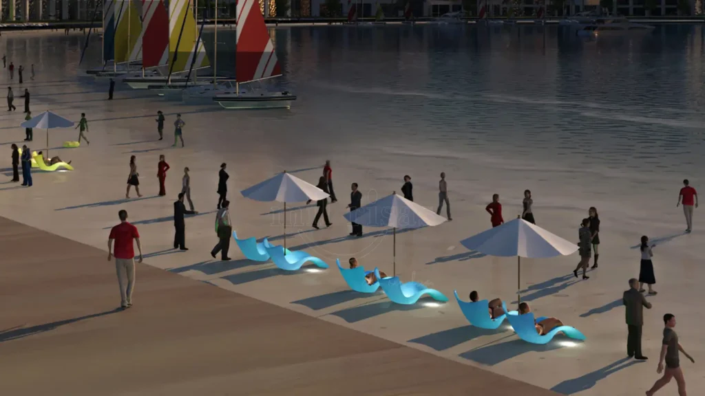 A row of glowing blue led lounge chair units with umbrellas on a sandy resort beach, providing elegant outdoor seating for many guests.