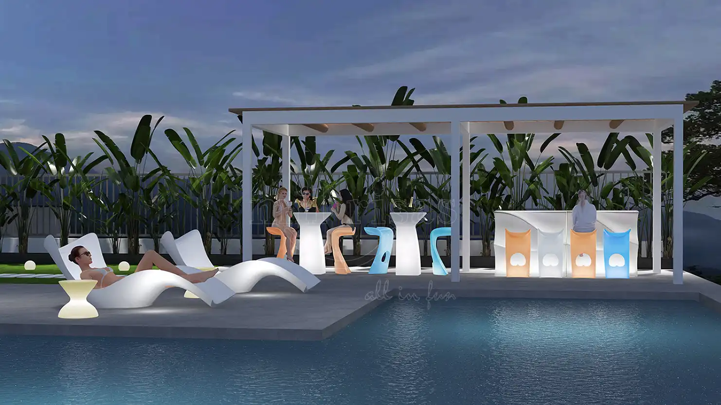 A woman relaxing on a white led lounge chair by a luxury hotel pool at night, part of an illuminated outdoor furniture set.