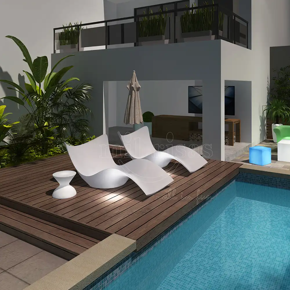 Two elegant white led lounge chair units glowing on a wooden deck by a private villa pool, perfect for modern outdoor lighting.