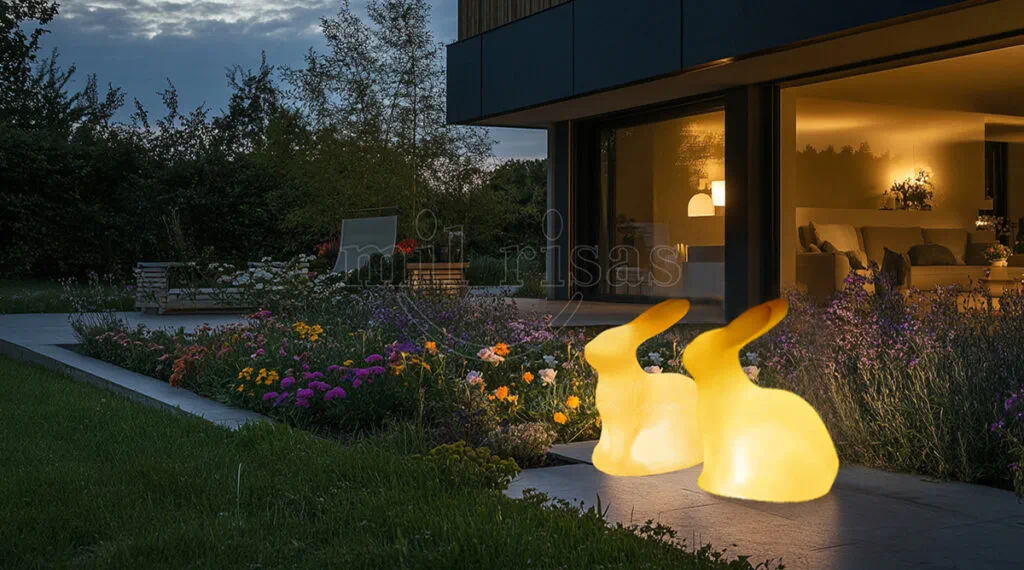 Two warm white rabbit lamps illuminating a flower garden path next to a modern house at night.
