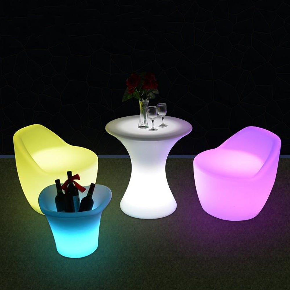 LED Color Changing Chair, LED Small Side Table, and Light Up Ice Bucket