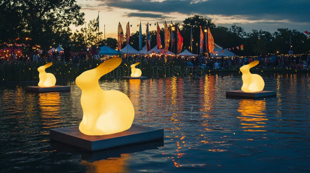 Floating rabbit lamps glowing on a lake during a night festival, waterproof LED bunny lights for pond and pool decor.