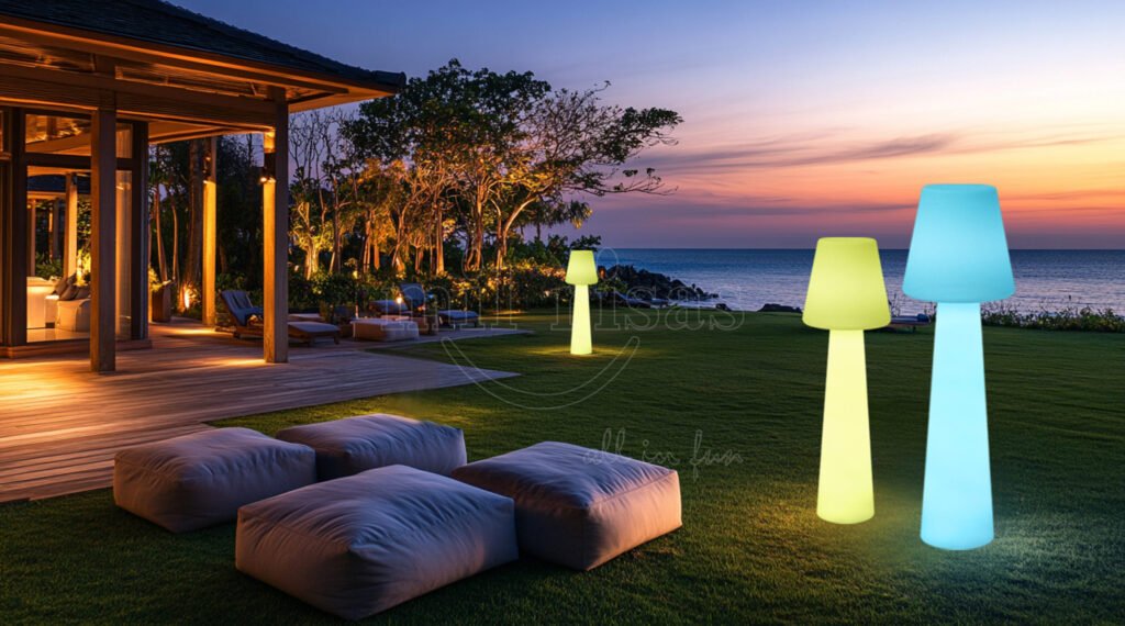 Elegant LED Flared Shade Floor Lamp Creating a Welcoming Outdoor Relaxation Area