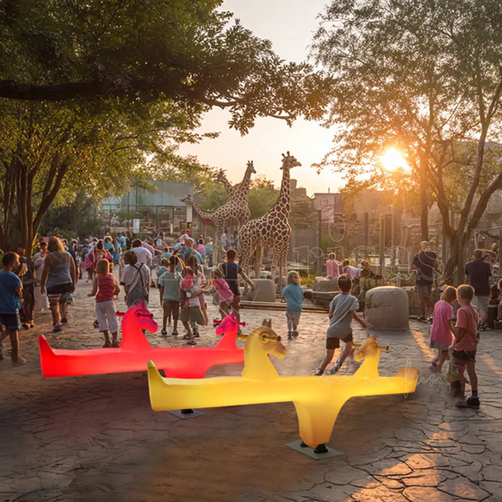 Horse Head Glowing Teeter Totters Wholesale for Zoo Playground at Dusk with Children