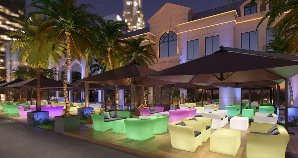 LED Sofa Set With Lumbar Pillows and Cushions for Relaxation Areas in Hotels and Resorts