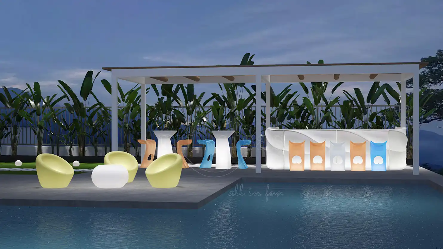 Glow-in-the-dark outdoor furniture featuring a yellow chair light and colorful LED bar stools by a swimming pool.3