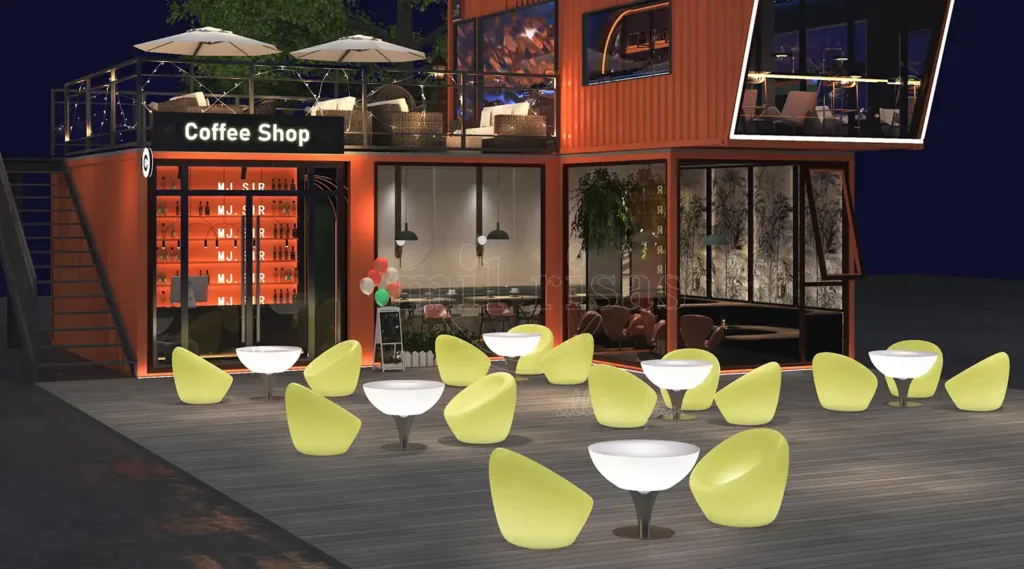 Illuminated yellow lighted chairs and white tables at an outdoor nighttime cafe.1