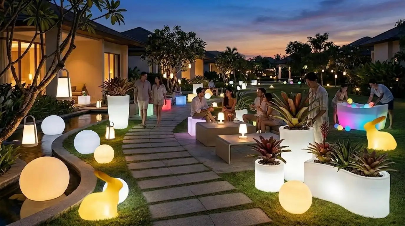 Decorative LED lighting and furniture by professional LED furniture manufacturer, including glow balls, illuminated planters, and lanterns for resorts and landscape design.