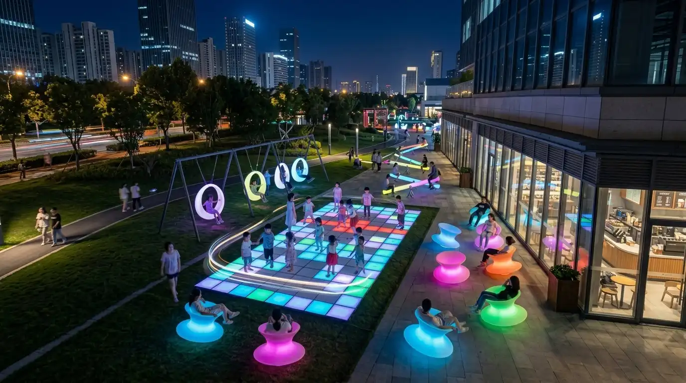 Interactive light-up playground equipment by LED furniture manufacturer, including LED swings, glow seesaws, dance floors, and spun chairs for parks and resorts.