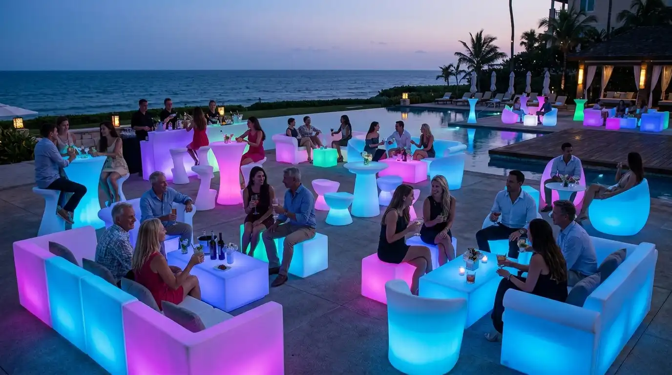 Commercial LED furniture for hotels, resorts, and events, provided by a professional LED furniture manufacturer featuring RGB color-changing chairs, sofas, and tables.