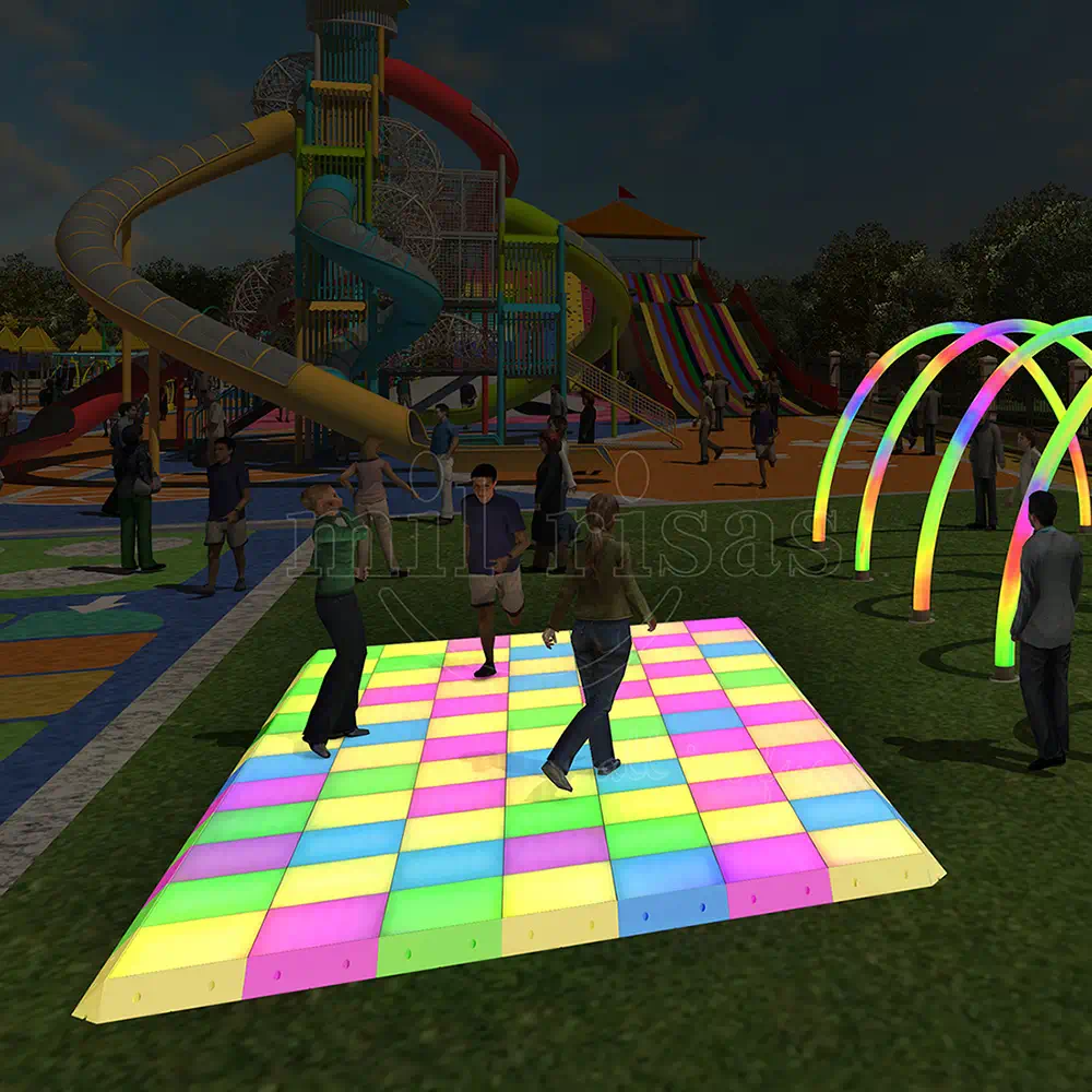People Enjoying an Outdoor Square LED Dance Floor With Rainbow Arch Lighting