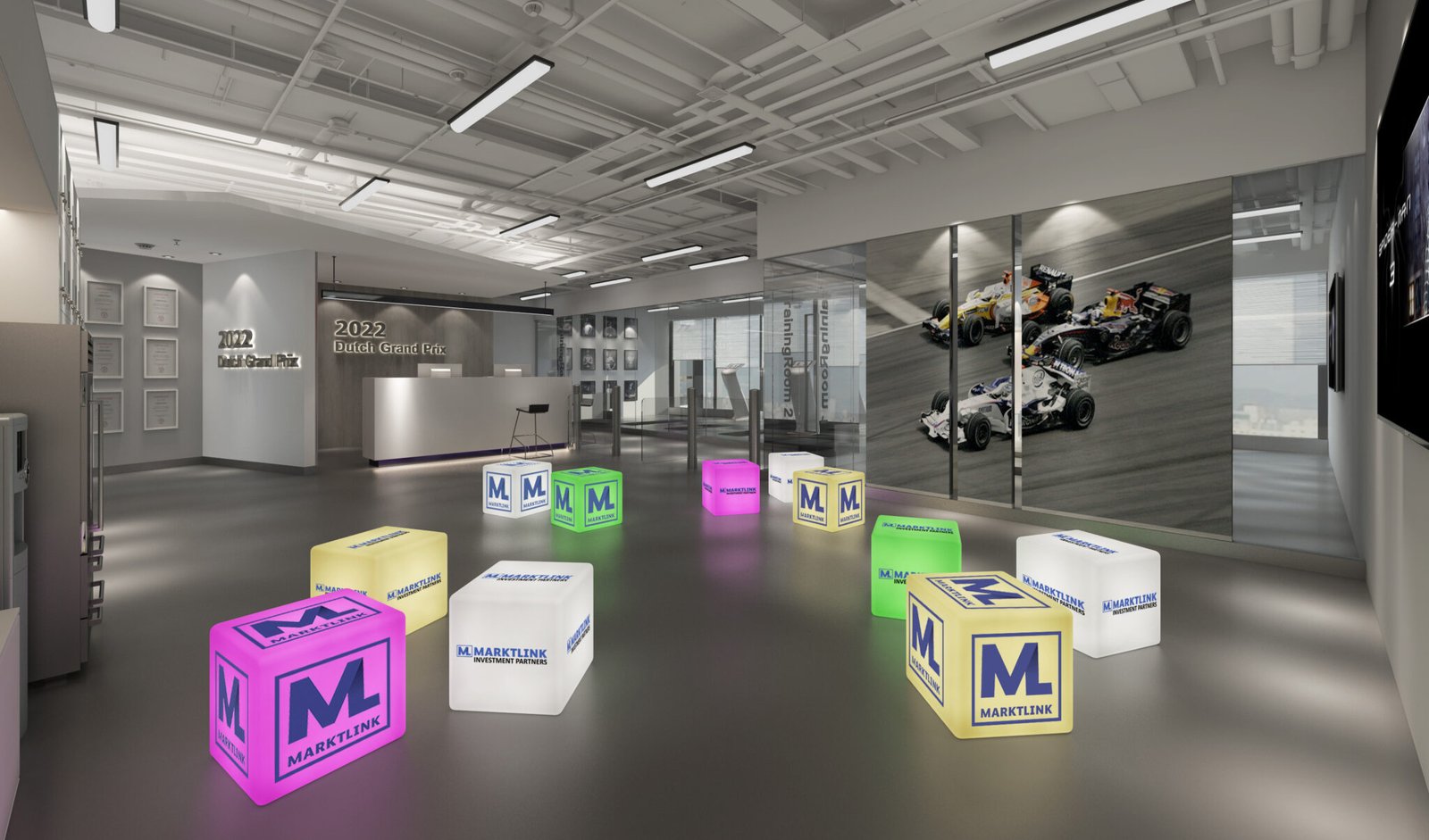 Provide Luminous Cube Stools with Brand LOGO Promotion for the Racing Lounge