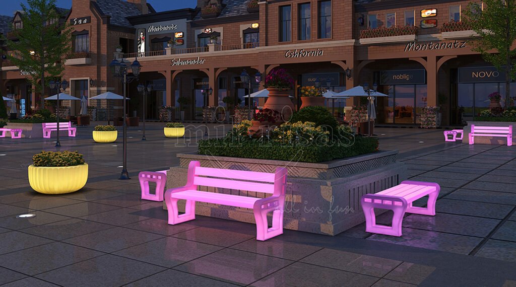 Upgrade Commercial Streets with LED Lighted Public Park Benches with Backrest for Vibrant Lounges