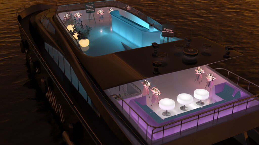 Joyful Revelry Cruise ship deck with bar furniture