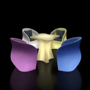 Modern LED flower shaped side coffee table and 4 pcs couch chair set with glow light effects for glow furniture factory.
