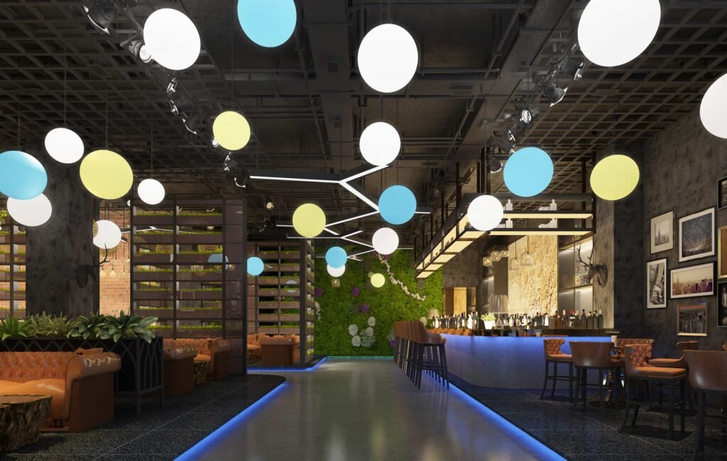 Las bolas de luces brillantes crean un hermoso ambiente en el restaurante