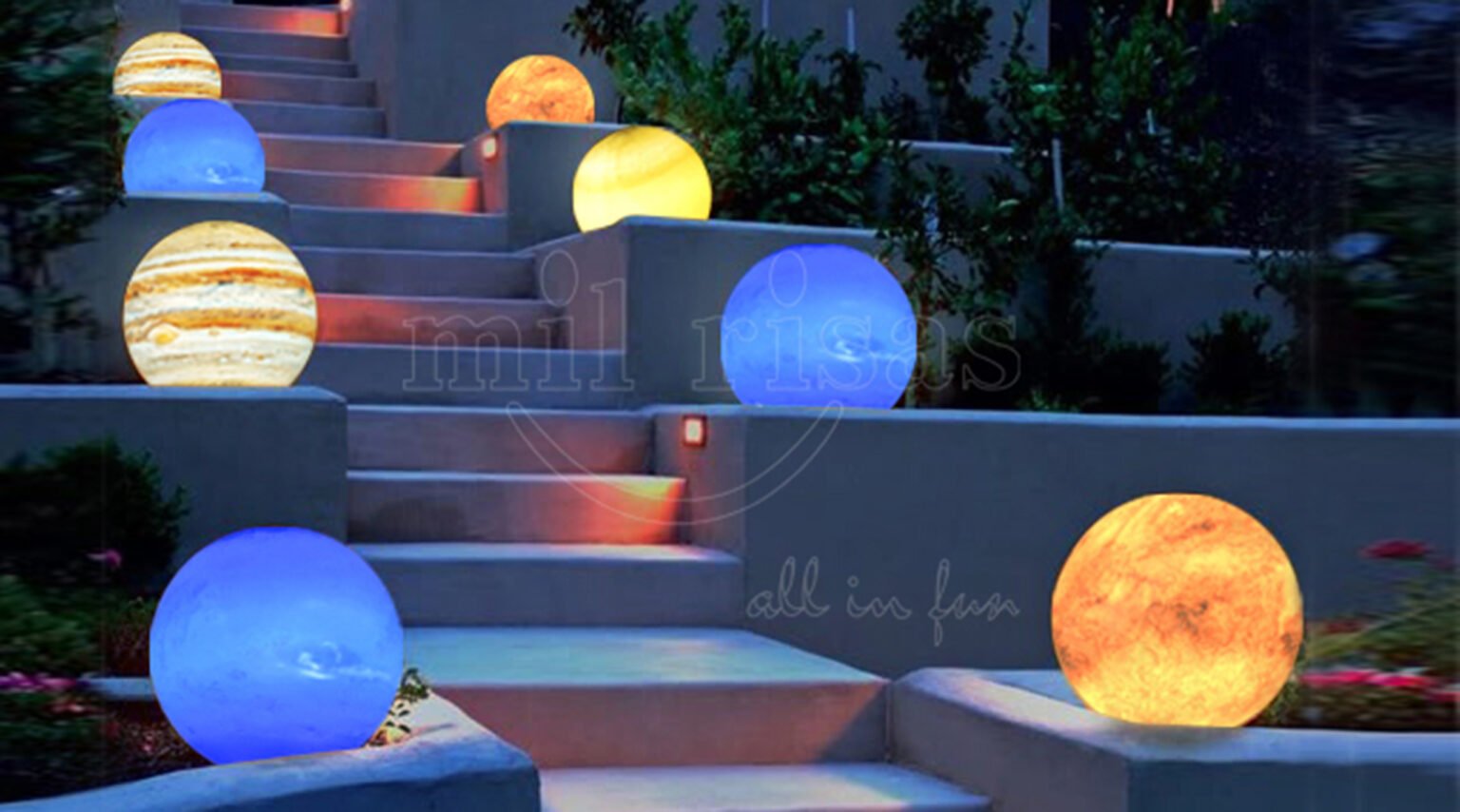 Enchanting Park Staircase with Large Outdoor Globe Lights