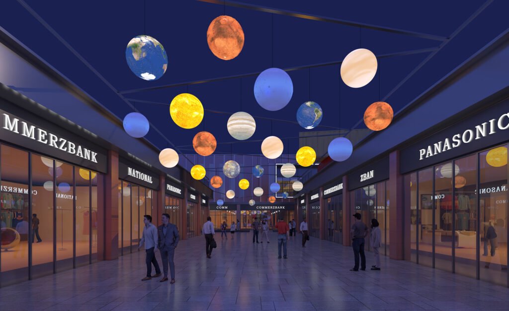 Illuminate Your Commercial Complex with the Outdoor Hanging LED Planet Chandelier