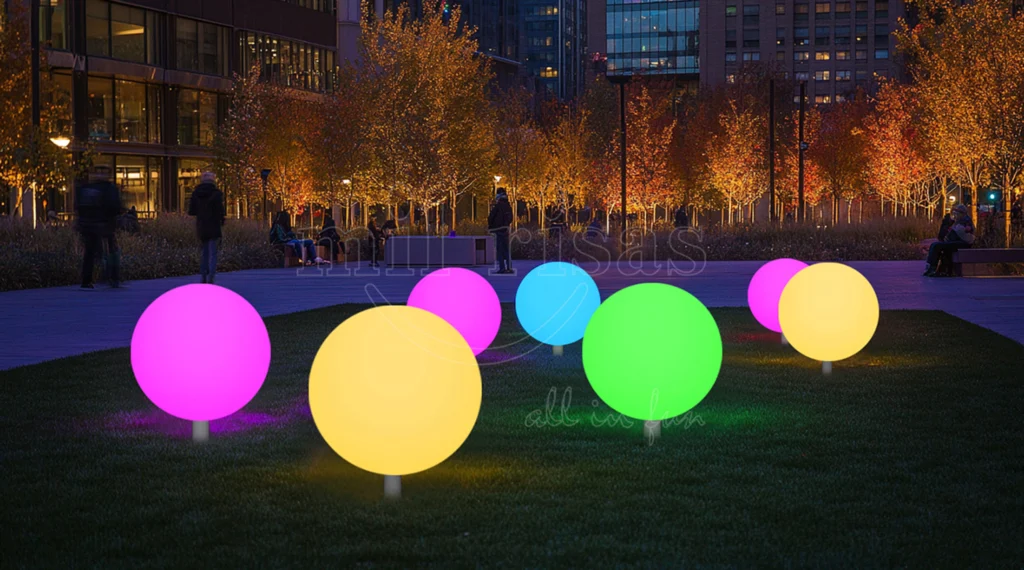 كرات LED متوهجة بأحجام مختلفة، تخلق بقعًا ملونة في مساحة خارجية