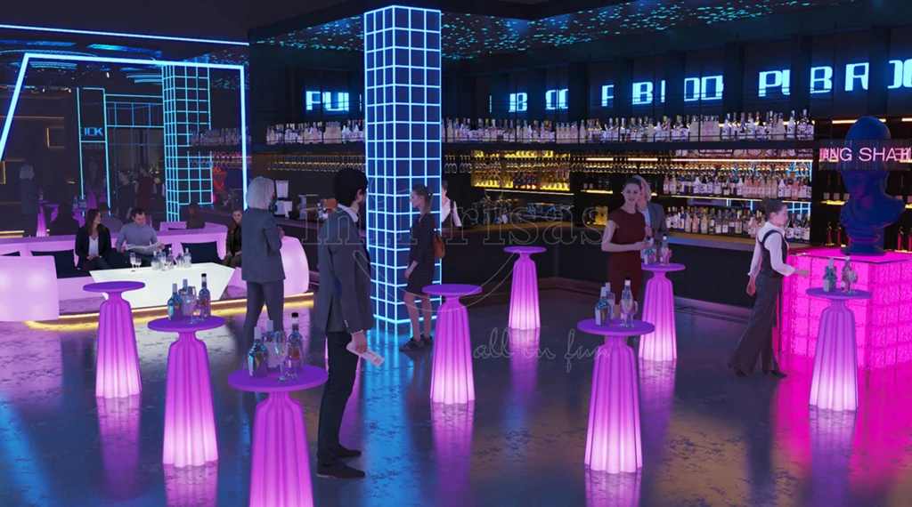 Tavoli da cocktail a LED con luci colorate che creano un'atmosfera divertente per l'evento
