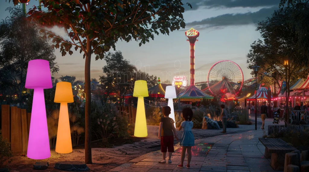 أعمدة إضاءة خارجية LED تُشير إلى المداخل والمناطق الرئيسية بأضواء ملونة