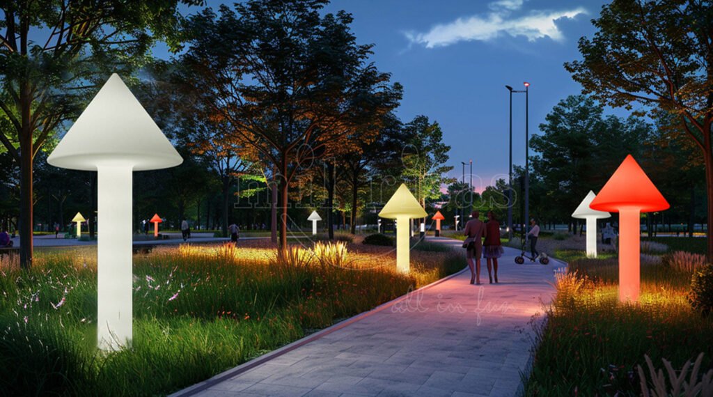 Softly Glowing LED Mushroom Floor Lamp Brightening a Cozy Outdoor Space