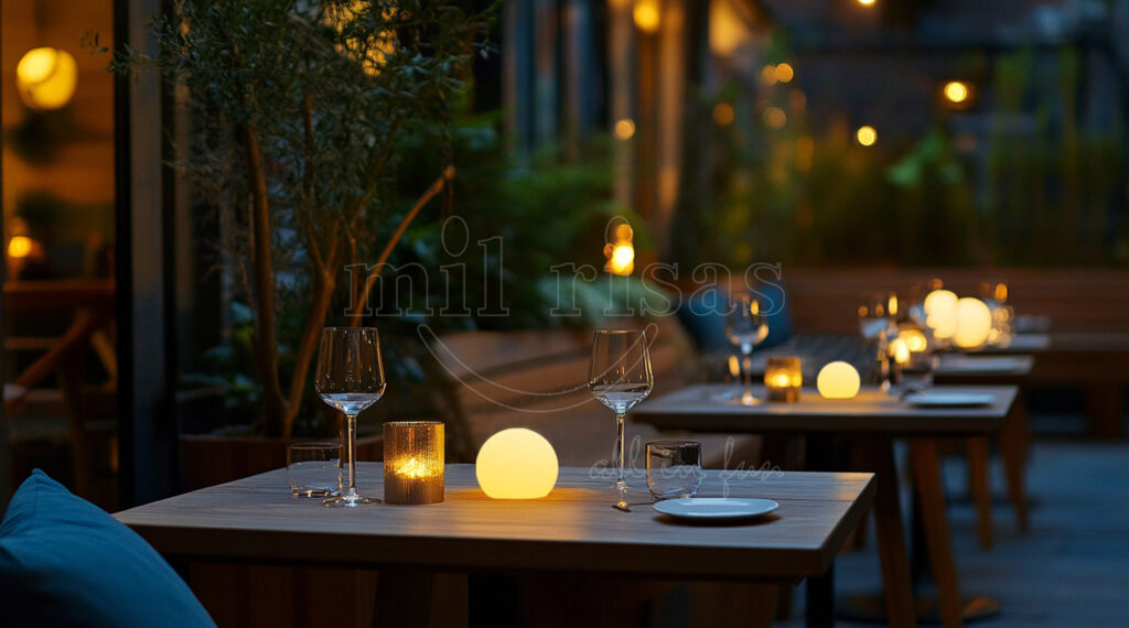 Visitors Interacting with Illuminated Furniture and Spheres at an Evening Market