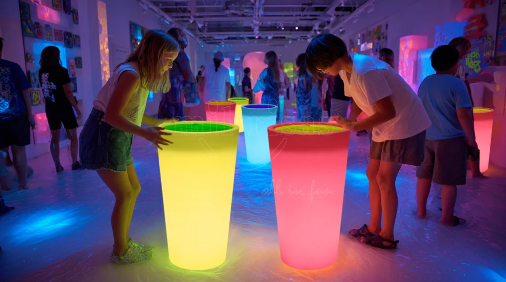 Niños colaborando con un contenedor de actividades LED de colores