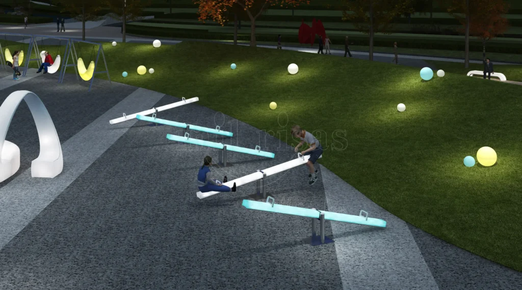 Adults Using LED Seesaw Outdoors at Night with Glow-in-the-Dark Lighting
