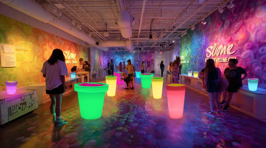 Adults and Children Exploring Glowing LED Play Bin Together in a Colorful Sensory Space