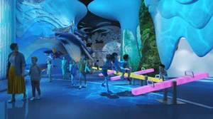 Family Enjoying Interactive Fun and Learning Together at an Indoor Aquarium