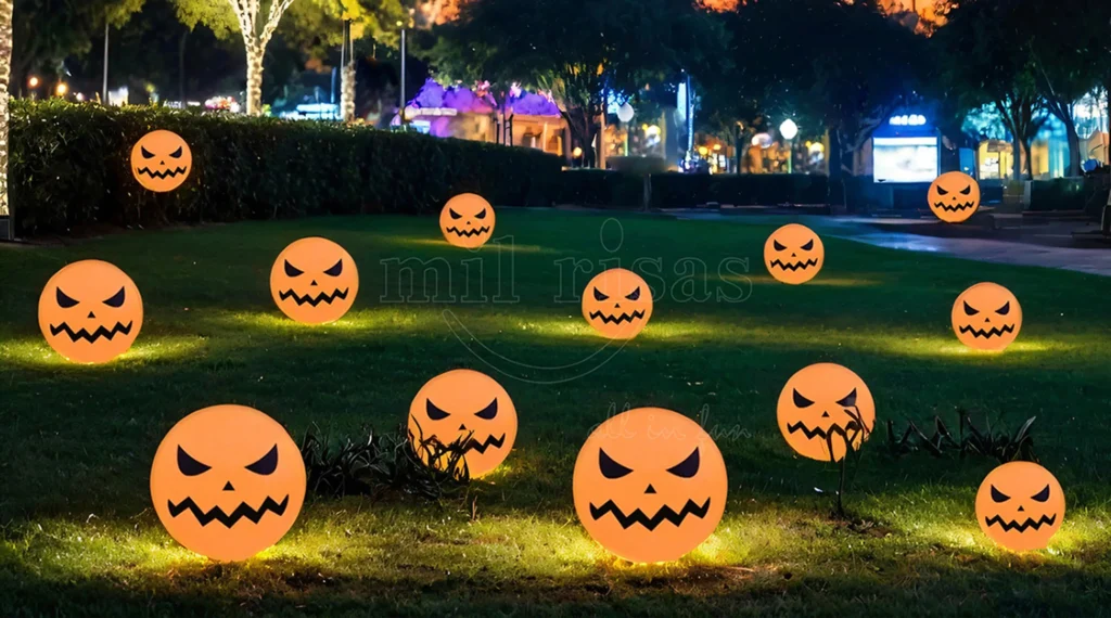 Halloween Outdoor Lights with LED Pumpkin-Face Glowing Balls Lighting up Castle Courtyard