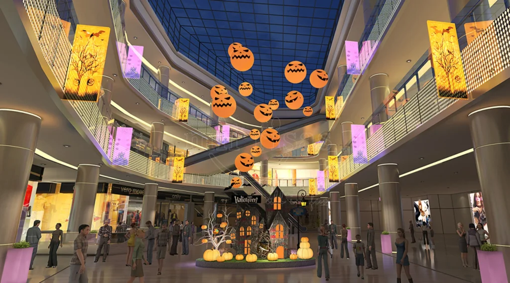 Indoor Halloween Setup with Hanging Pumpkin-Face LED Lights in Shopping Mall Play Area