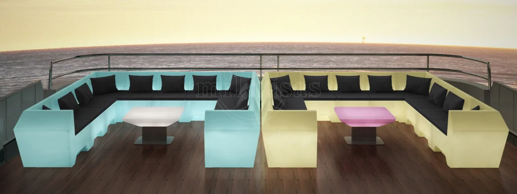 Our new luminous modular LED couch set is specially designed for your next corporate event or private dinner boat party