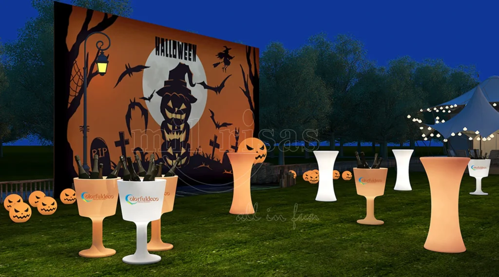 Outdoor Halloween Party Setup with LED Pumpkin-Face Glowing Balls, Bar Tables, And Drink Ice Buckets