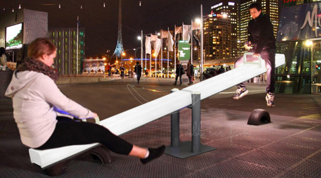 Outdoor Lighting Arrangement with Glowing Furniture and Seesaw for Adults at Night