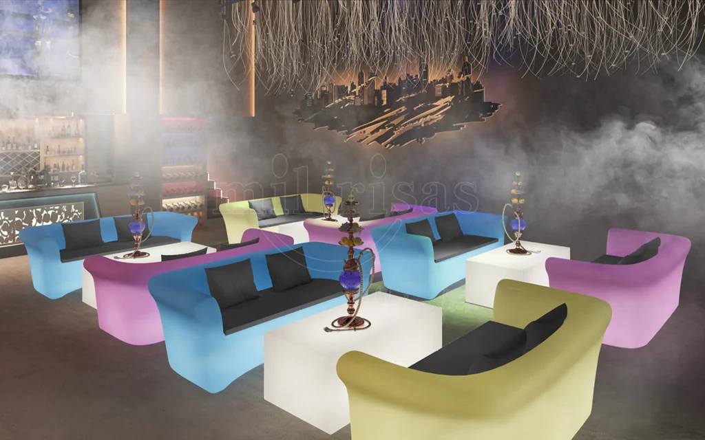 The interior design of a hookah lounge uses LED furniture to create a modern, stylish, and comfortable atmosphere