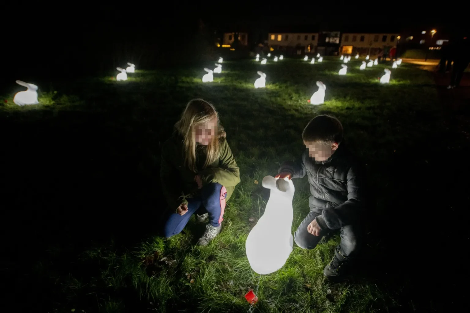 Children Interacting With Interactive LED Decor Glowing Rabbit Lights - Warm, Healing Ambience at Night