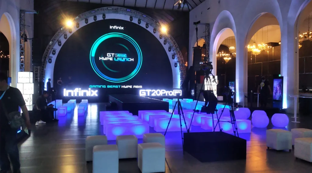 Mobile Launch Event with a Black Stage, LED Screen, and Glowing LED Event Decor Furniture