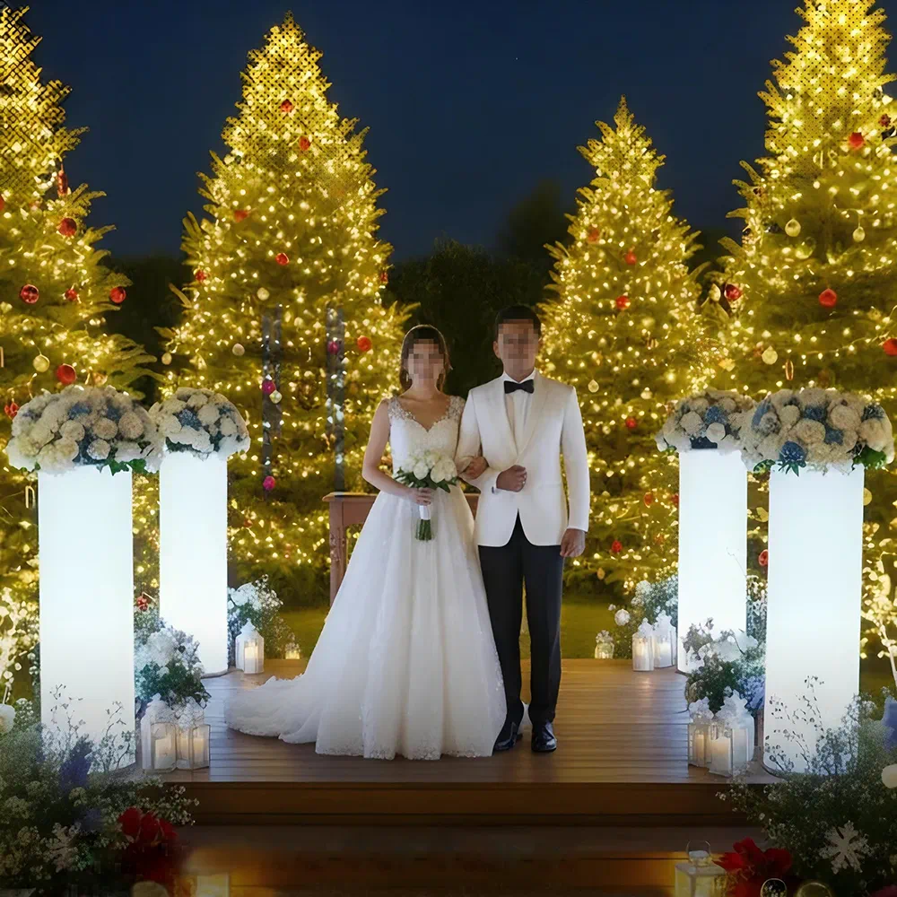 Outdoor Wedding with Glowing Flower Pots, LED Event Decor Furniture, and Illuminated Trees